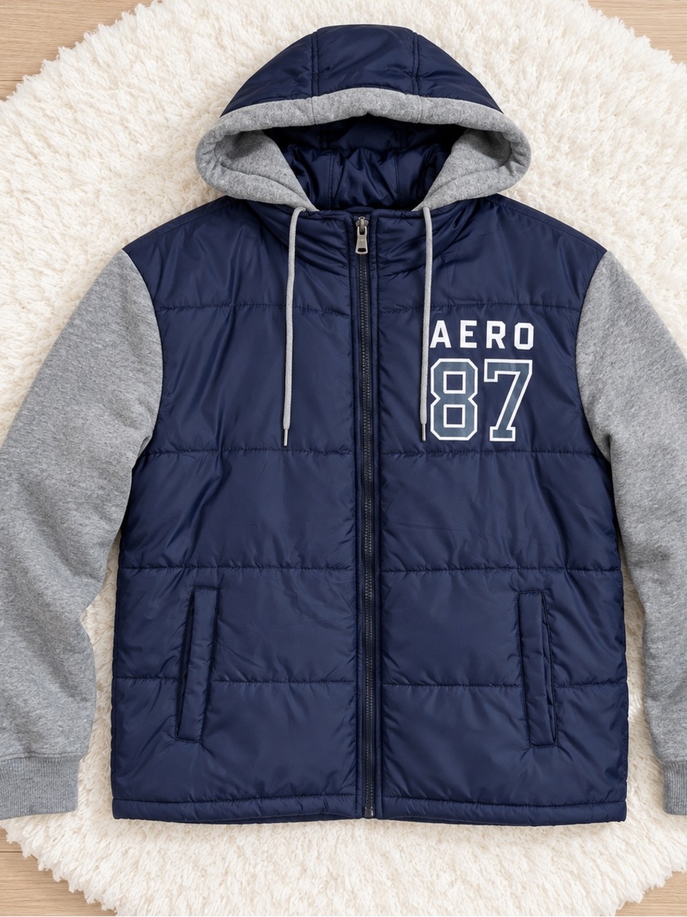 Aeropostale Men’s Hooded Puffer Jacket 4XL Navy Gray Aero 87 Full Zip